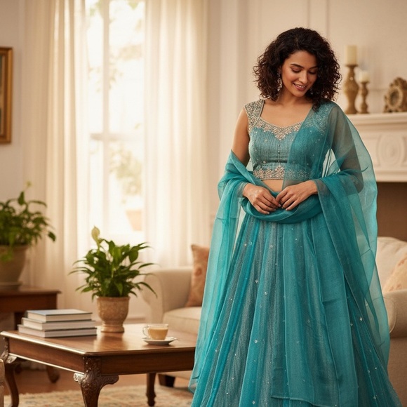 NWOT Organza Silver and Teal Lehenga - Picture 3 of 7